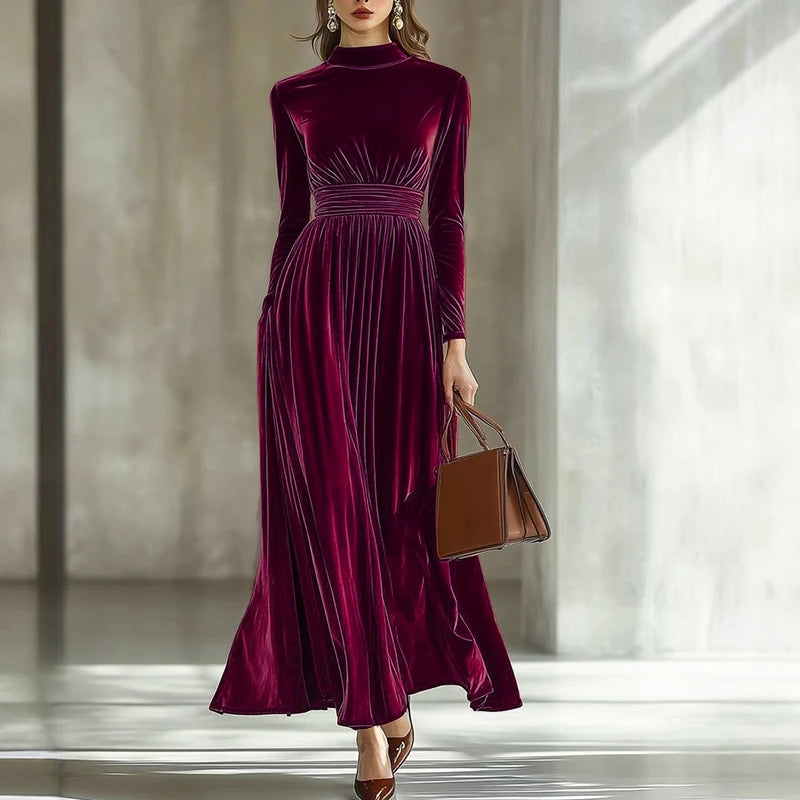 New Autumn Winter Half High Collar Long Sleeve A-Line Maxi Dresses Women Fashion Velvet Party Long Dress Christmas Evening Dress