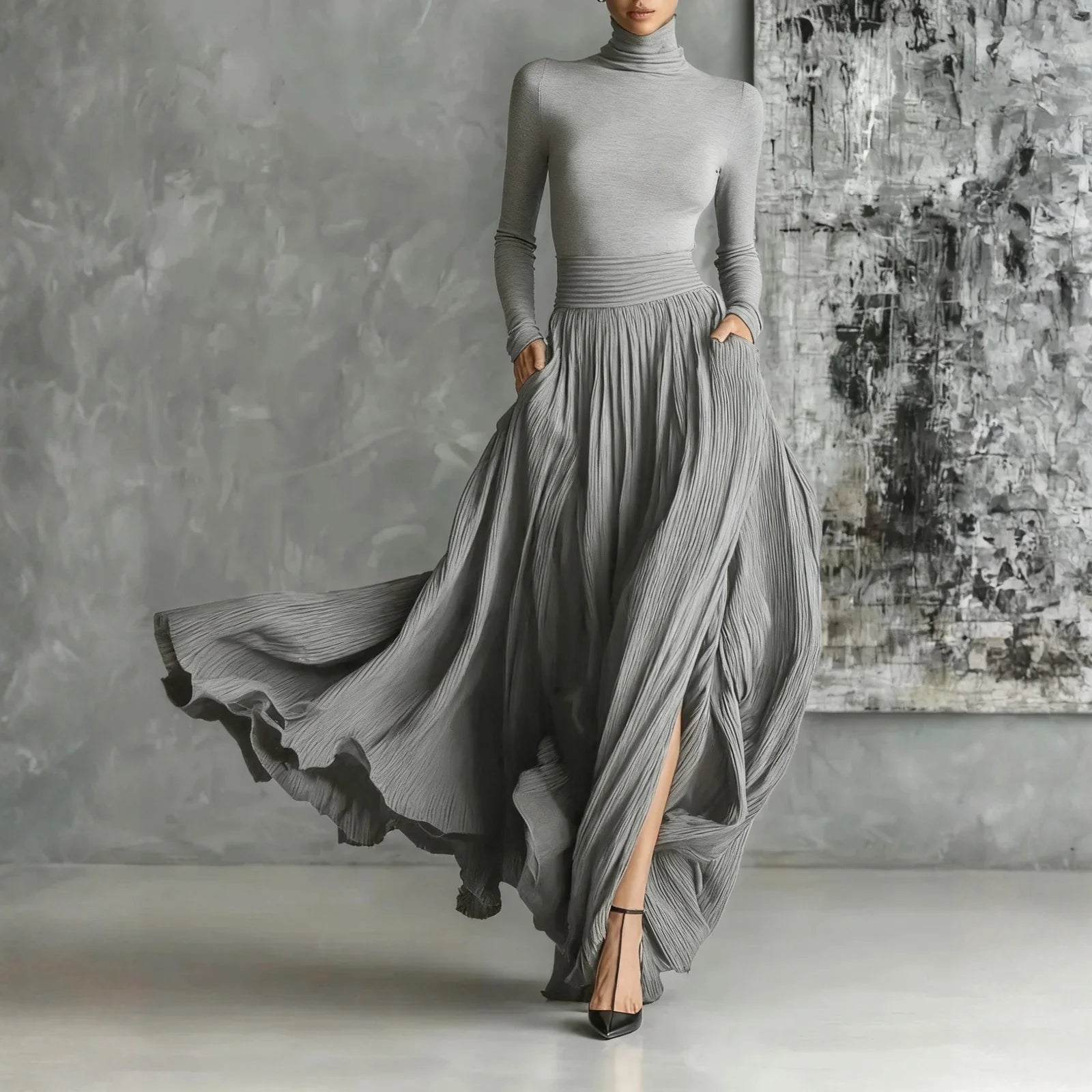 French Retro Elegant Light Luxury Slim-fit Dress for Women Turtleneck Long Sleeve Long Dresses Flowy Dress with a Large Skirt