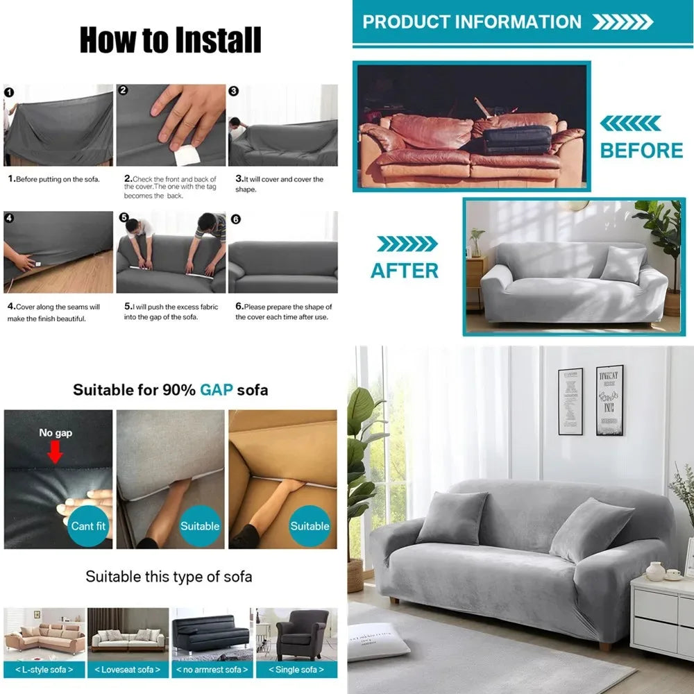 Velvet Sofa Cover Elastic Thick L Shaped Corner Sofa Slipcover for Living Room 1/2/3/4 Seater Stretch Cover for Couch Armchair