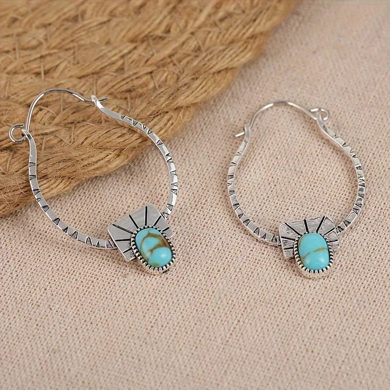 Boho-Chic Hoop Earrings - Silvery Plated, Synthetic Gemstone Inlay, Zinc Alloy - Perfect for Casual Attire & Gifting
