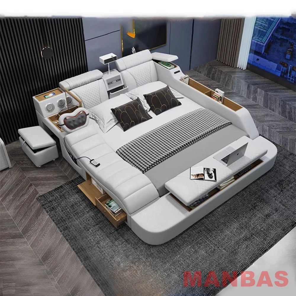 Genuine Leather Bed With Projector USB Speaker — White | KIMLUD