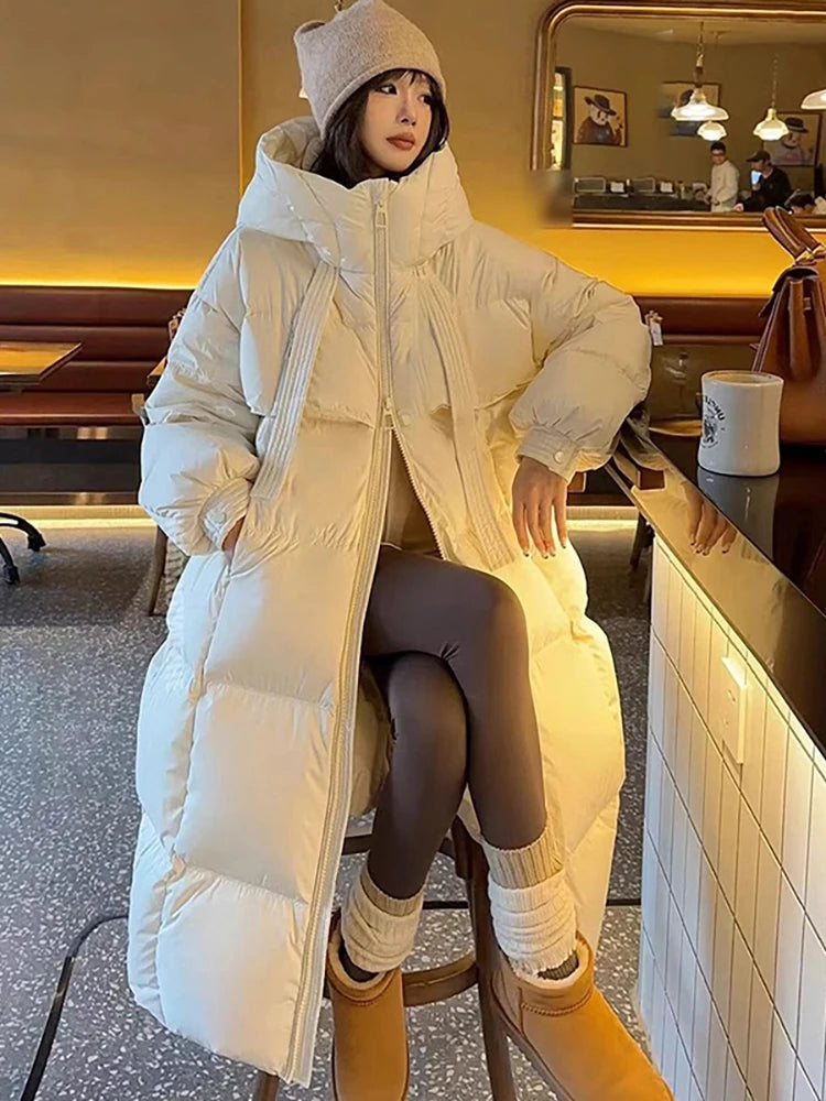 Women's Down Cotton Padded Jackets Korean Thickened Warm Long Overcoat Solid Hooded Overall Topcoat 2024 Winter