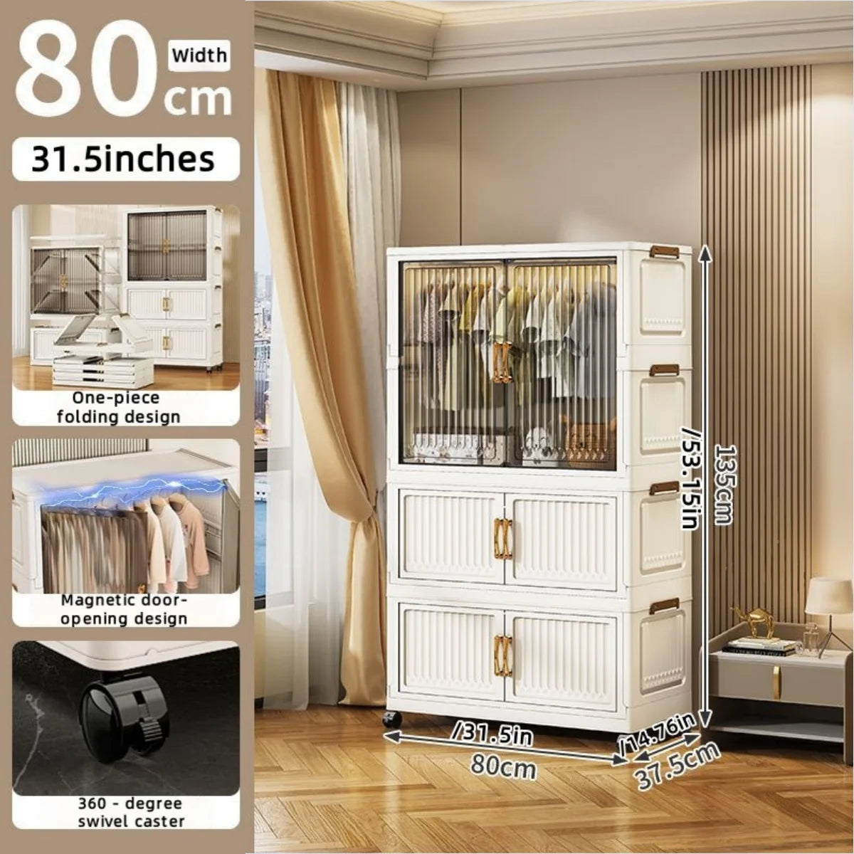80cm no-installation folding storage cabinet, bedroom children's wardrobe, multi-layer storage box with wheels
