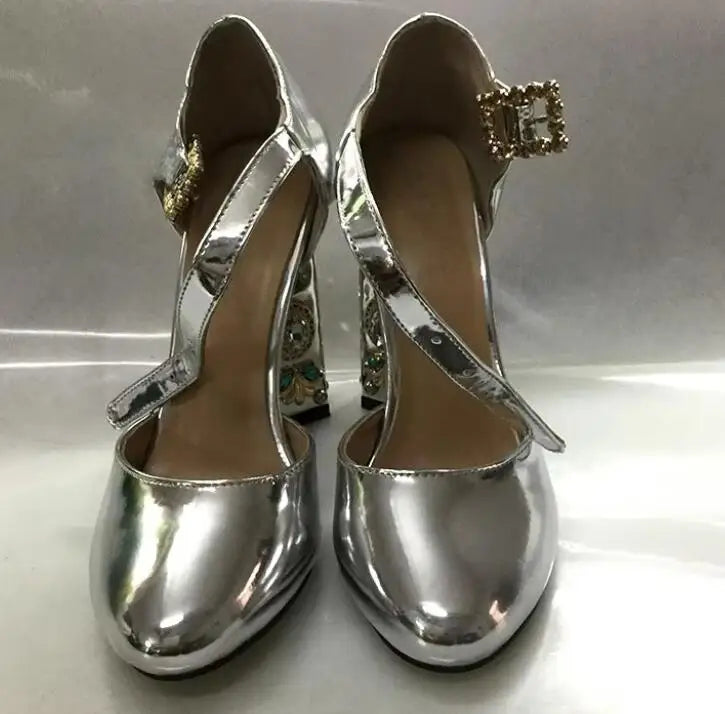 Gold Mirror Patent Leather Sandals Rhinestone Buckle Glitter Round Toe Chunky Heels — Gold | KIMLUD
