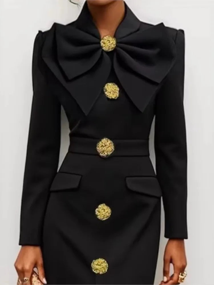 Evening Dress – Bow Tie Buttoned Long Sleeve – Polyester Slim Black | KIMLUD