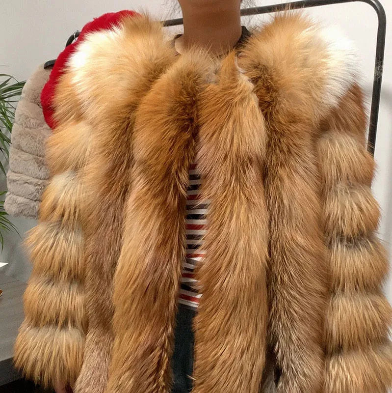 Women's fur coat, real fox skin vertical jacket, natural fox skin short clothing, long sleeved women's coat