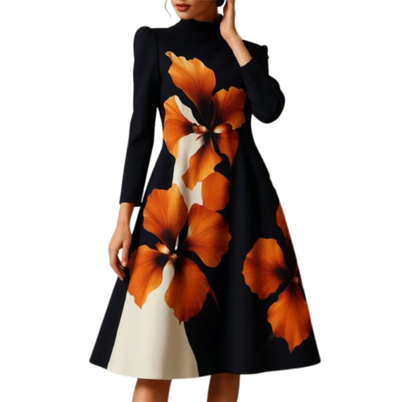 A-Line Midi Dress – Stand Collar – Polyester | KIMLUD