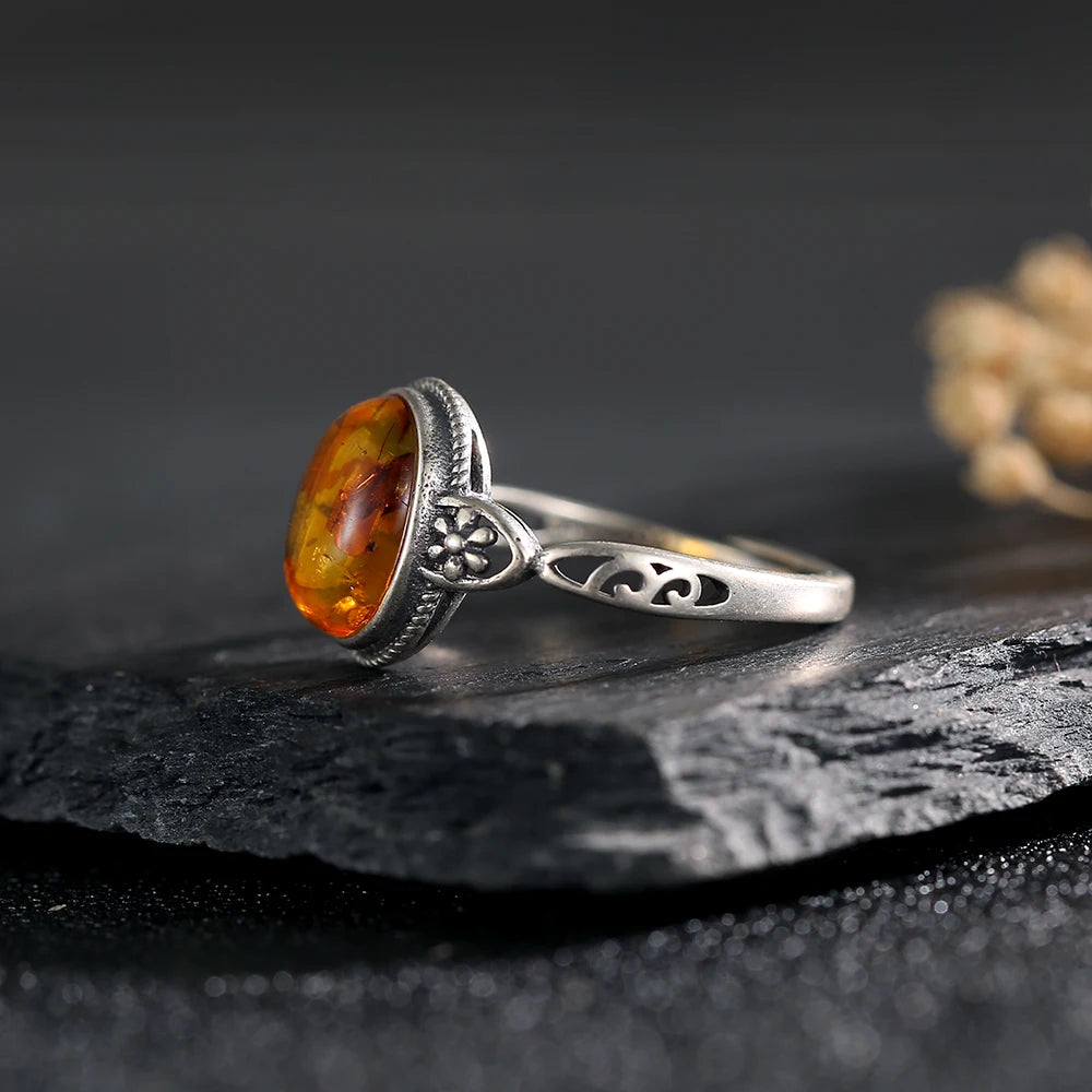 Sterling Silver Ring Adjustable Vintage Hollow Floral Design — Amber | KIMLUD