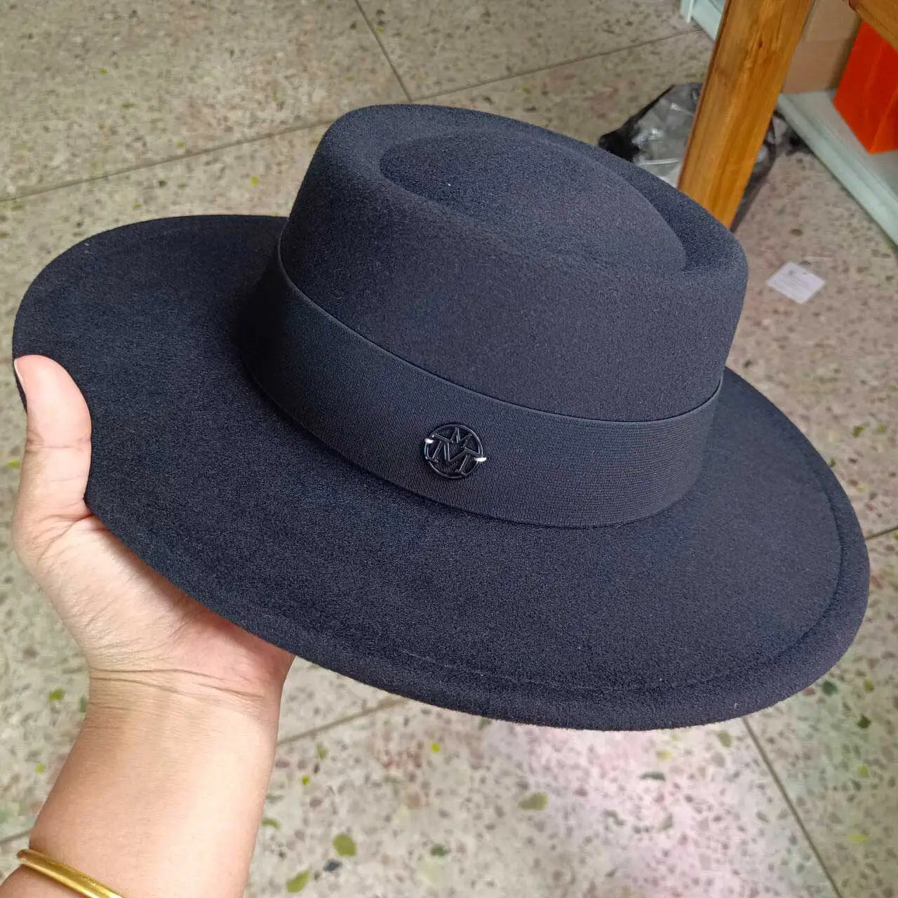 Felt Fedora Hat Flat-Top Wide-Brim — Black | KIMLUD
