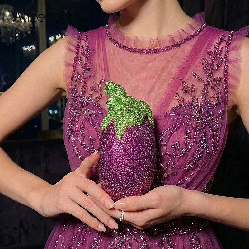 Alizekerr Eggplant Shaped Diamond Evening Bags Women Gorgeous Metallic Rhinestone Purses Ladies Unique Handbags Wedding Party