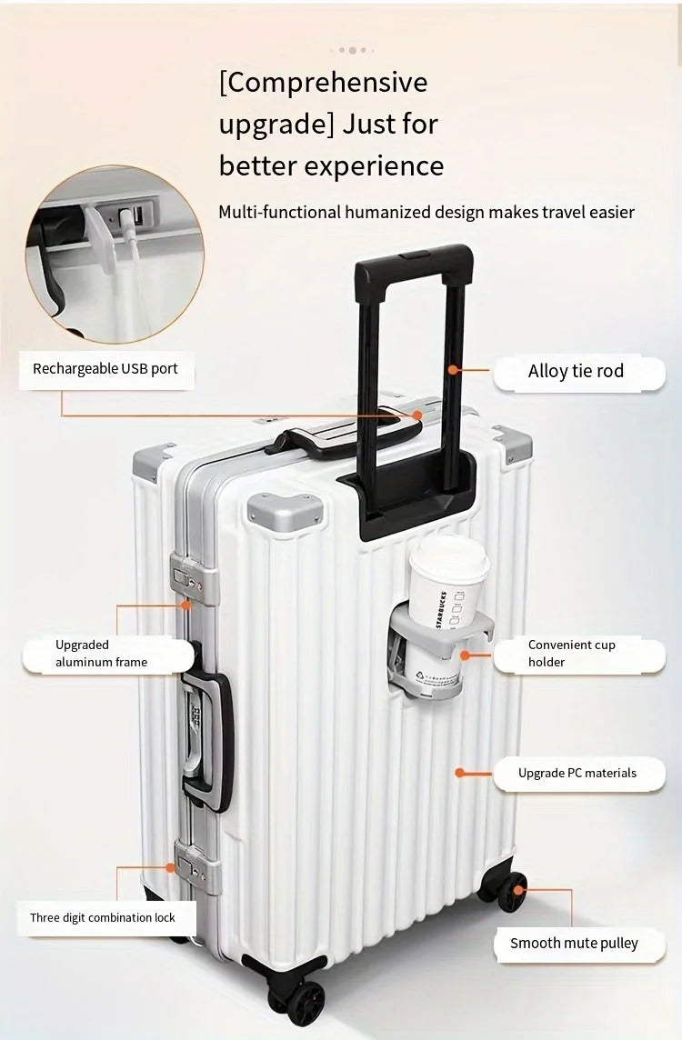 Aluminum Frame Carry-On Luggage 20in With USB Port — White | KIMLUD