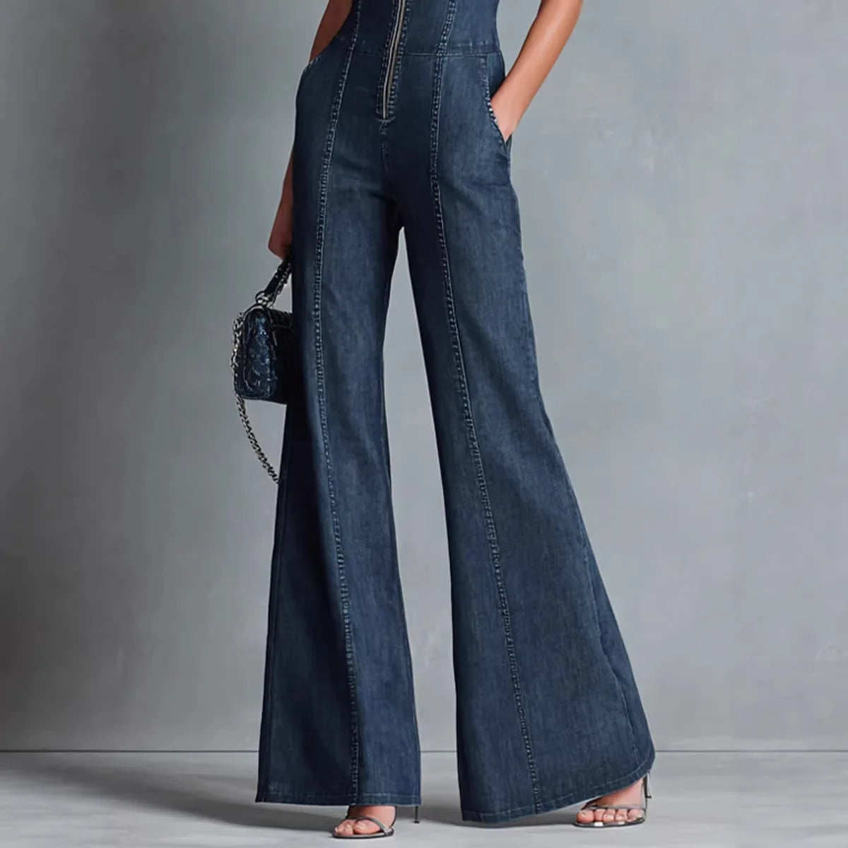 Jumpsuit – High Neck Front Zip – Sleeveless Wide Leg Polyester | KIMLUD