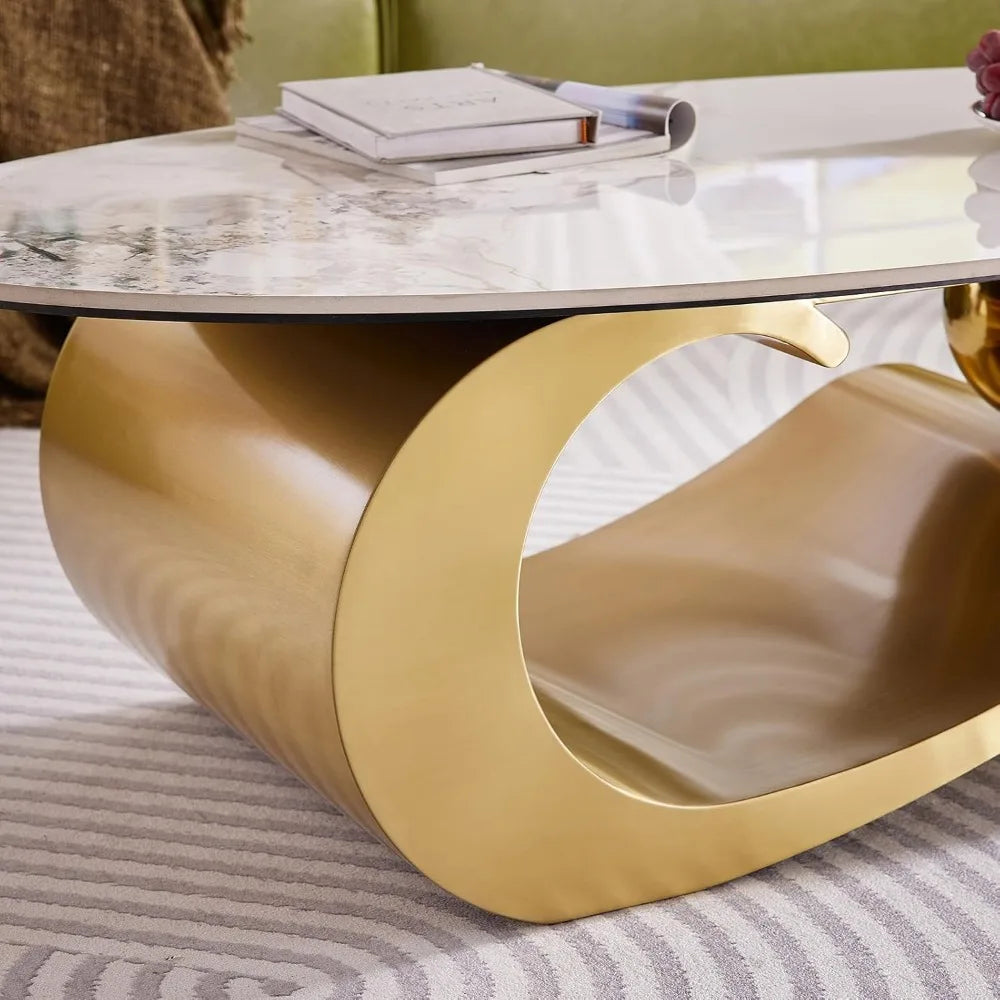 Faux Marble Oval Coffee Table White Veined Top, Gold Base — Gold | KIMLUD
