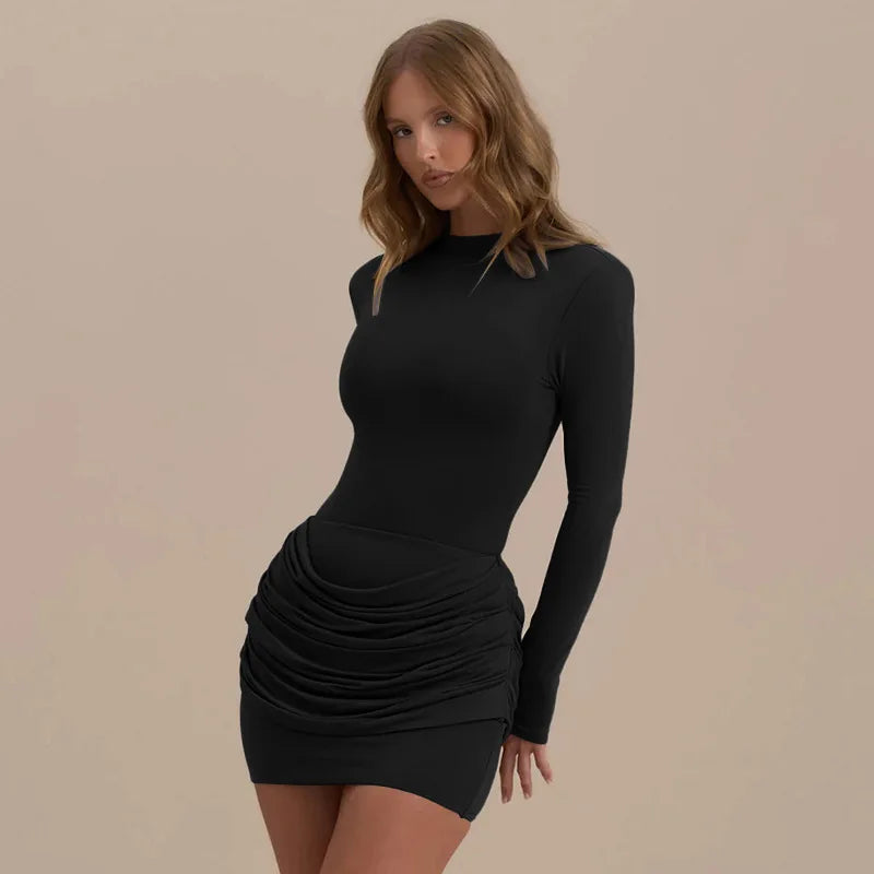 Polyester Pleated Stretch Long Sleeve Dress Gathered Hip Silhouette — Jet Black | KIMLUD