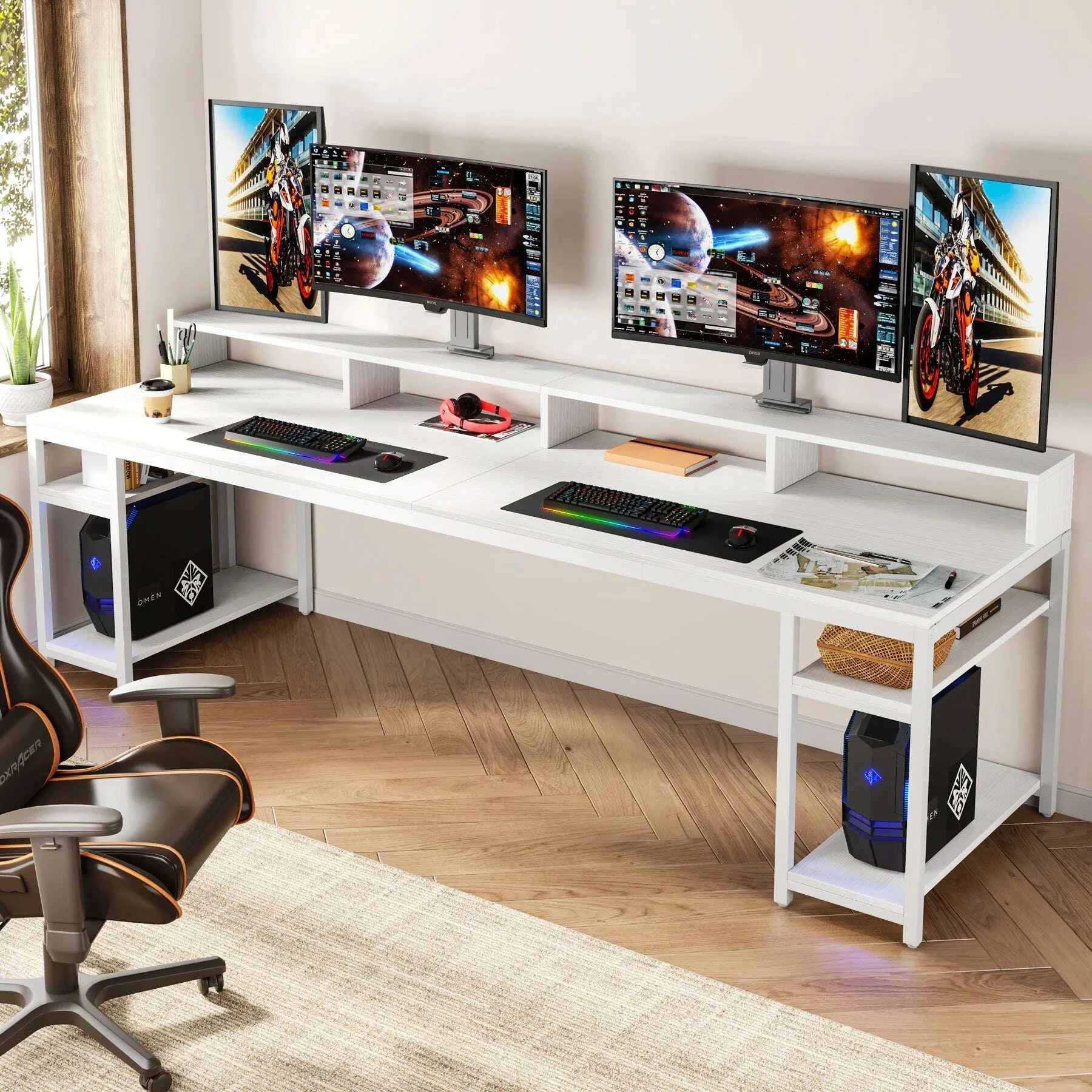tribesigns-7874-inches-extra-long-two-person-desk-double-computer-desk-with-monitor-stand-and-storage-shelves-work-tablekimludkimlud-35570996