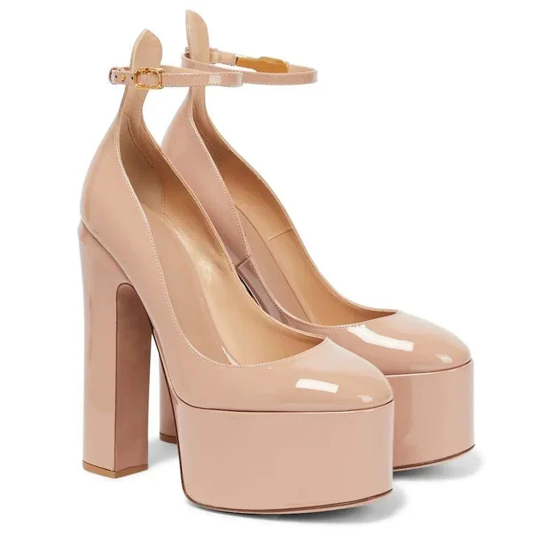 Patent Leather Platform Sandals Round Toe Ankle Buckle — Black | KIMLUD