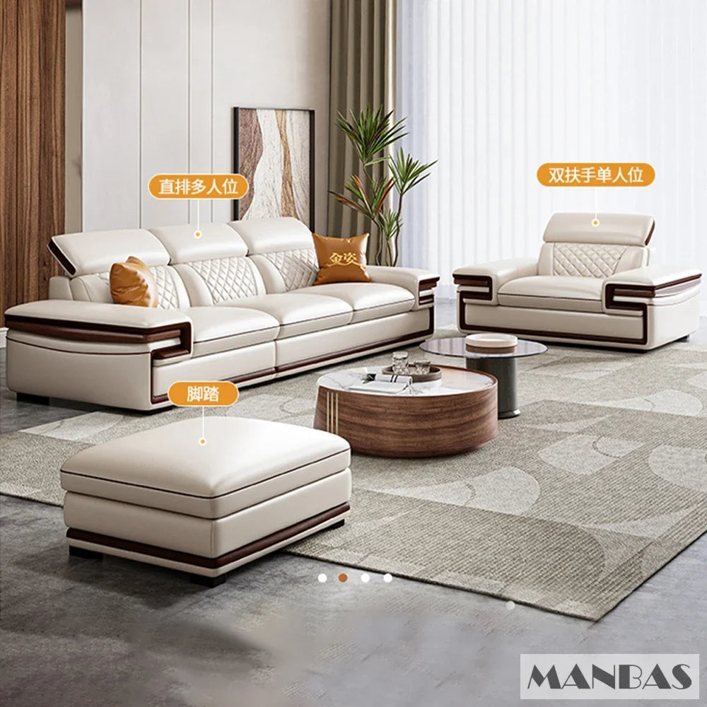 Genuine Italian Leather Sofa Set With Adjustable Headrests — Ivory | KIMLUD
