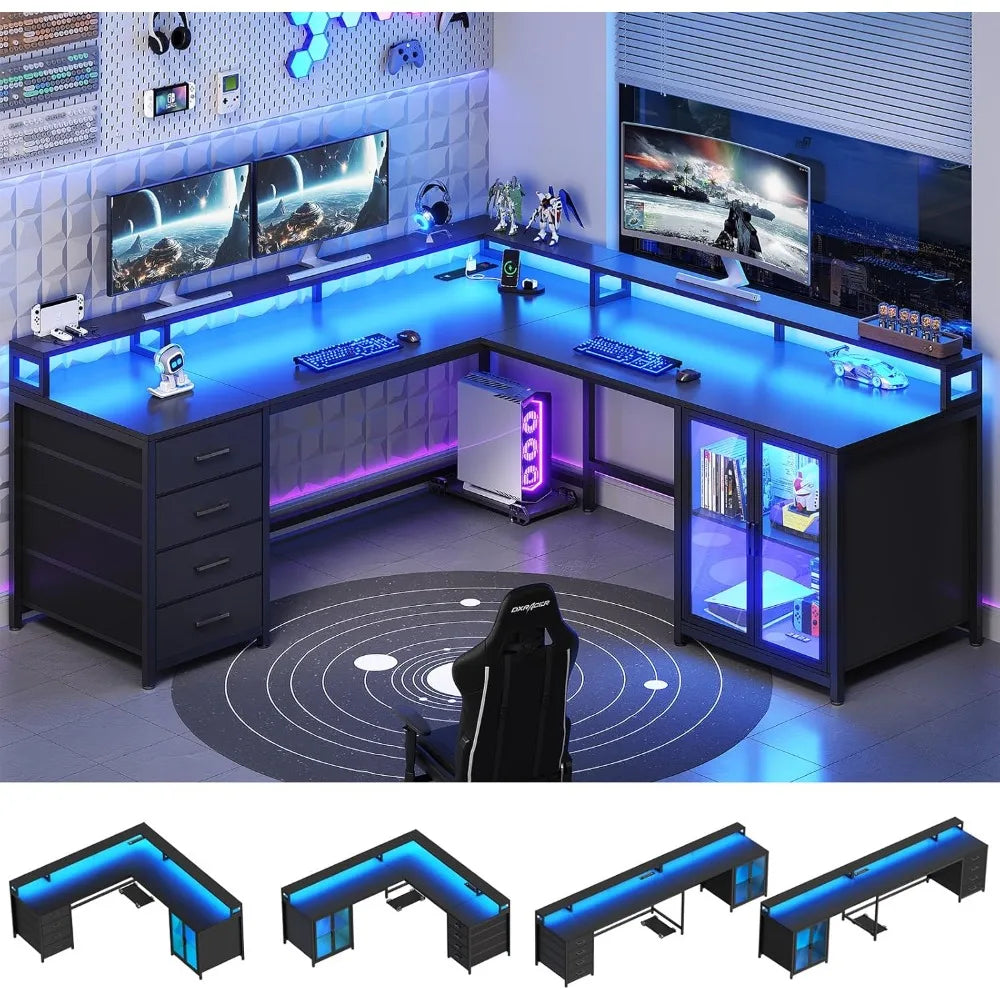 Metal L-Shaped Premium Desk With Drawers — Black | KIMLUD