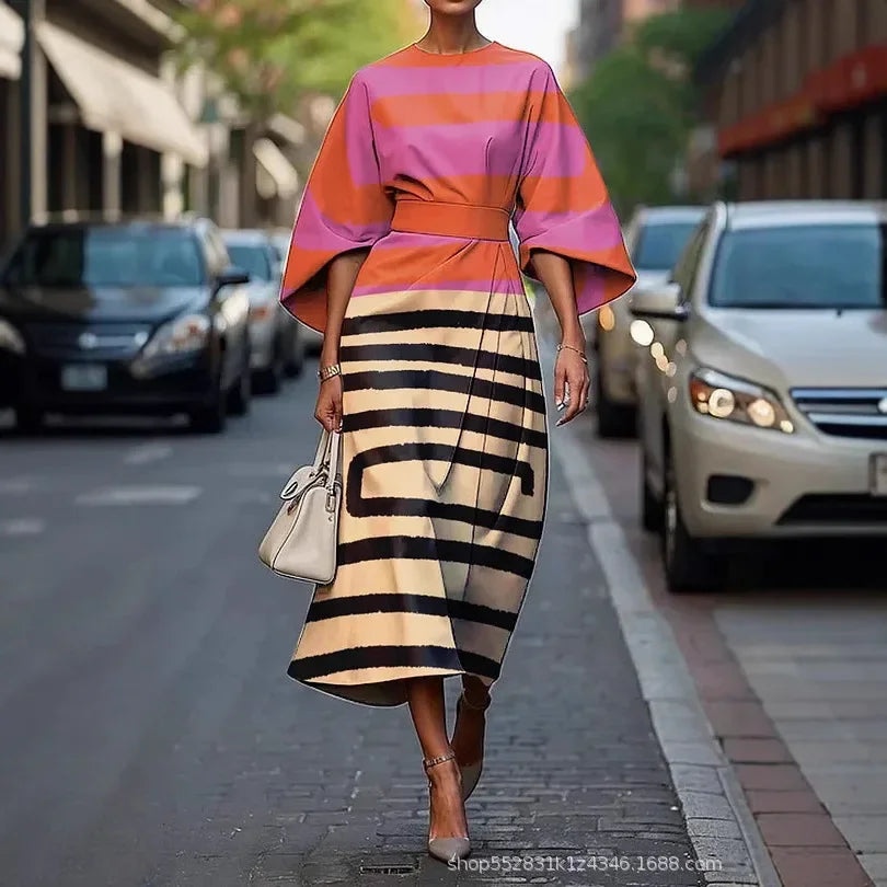 Elegant Slim Fit Long Dress with Batwing Sleeves And Rainbow Grid Pattern Ankle Length Independent Station New Arrival 2025