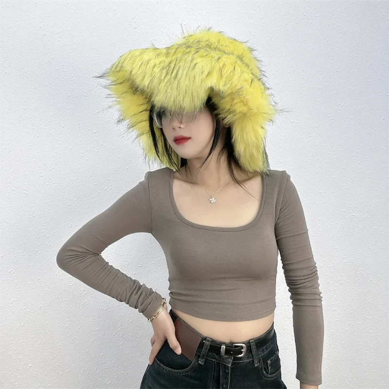 Winter Women Faux Fur Bucket Hat Warm Raccoon Fur Hat Oversize Outdoor Punk Hat Girl Fashion Long Fur Bucket Hat Furry Cute Cap - KIMLUD