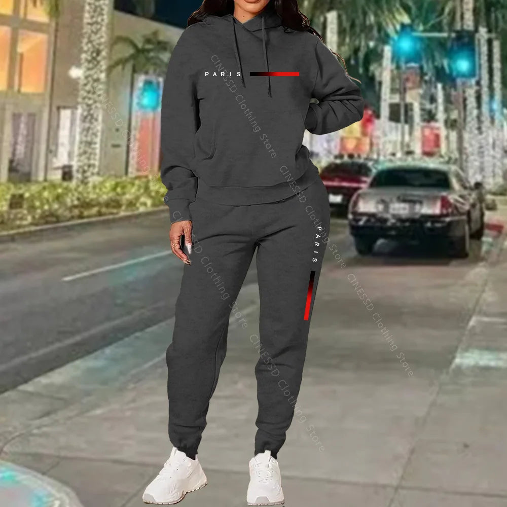 Paris Letter Print Hoodie and Pants Set — Cream | KIMLUD