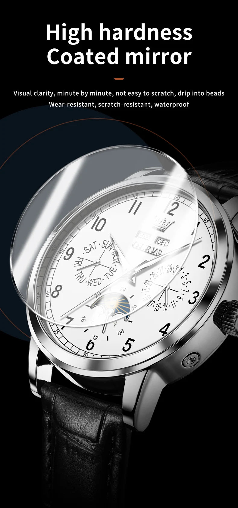 Leather Dress Watch Moon Phase Automatic — Black | KIMLUD
