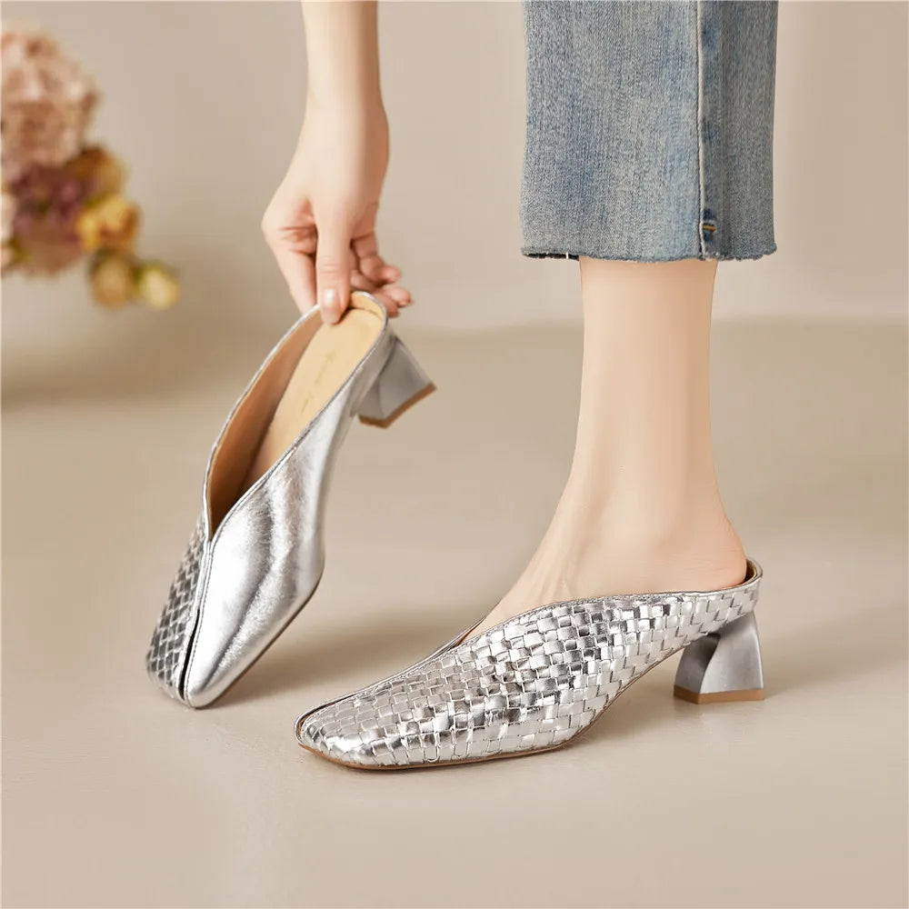 Metallic Cow Leather Slip-On Heels — Gold | KIMLUD