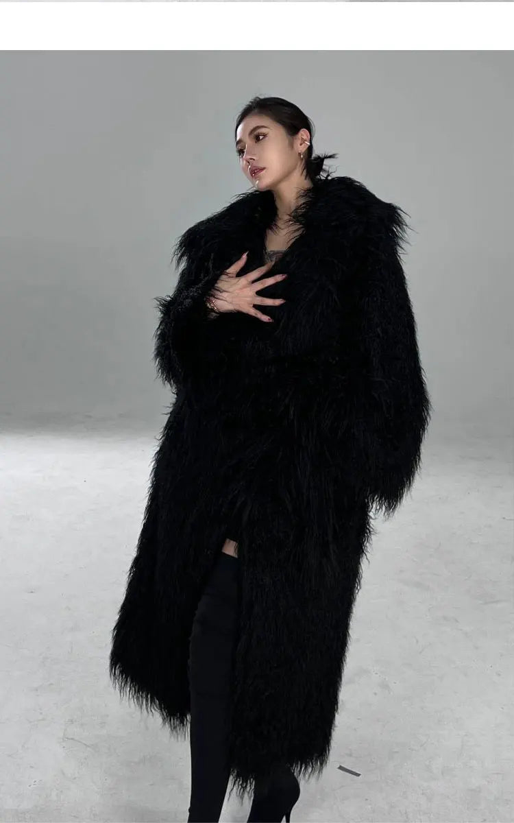 Lautaro Winter Long Black Hairy Shaggy Thick Warm Soft Fluffy Faux Fur Coat Women Sashes Luxury Designer Overcoat Runway Fashion