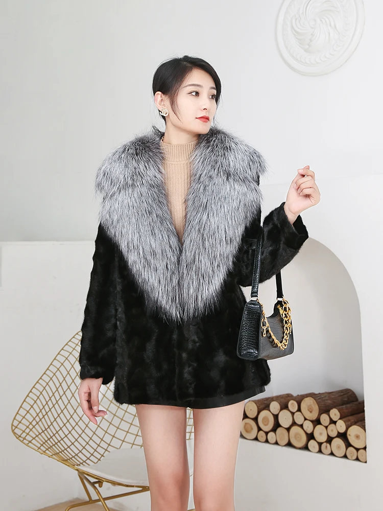 Winter Women Real Rex Rabbit Fur Coat 100% Natural Fur Jacket with Large Silver Fox Fur Collar Luxury Streetwear