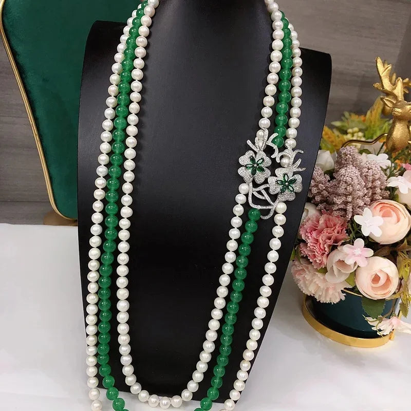 3rows  freshwater pearl white near round 7-8mm &green jade round necklace 80cm