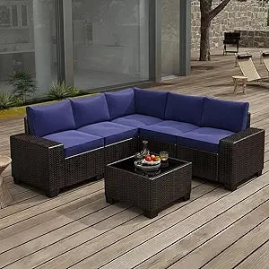 Wicker Patio Set 6-Piece With Wide Armrests — Navy | KIMLUD