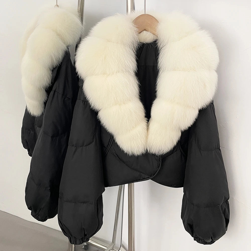 Down Coat – Real Fox Fur Trim – Duck Down – Natural | KIMLUD