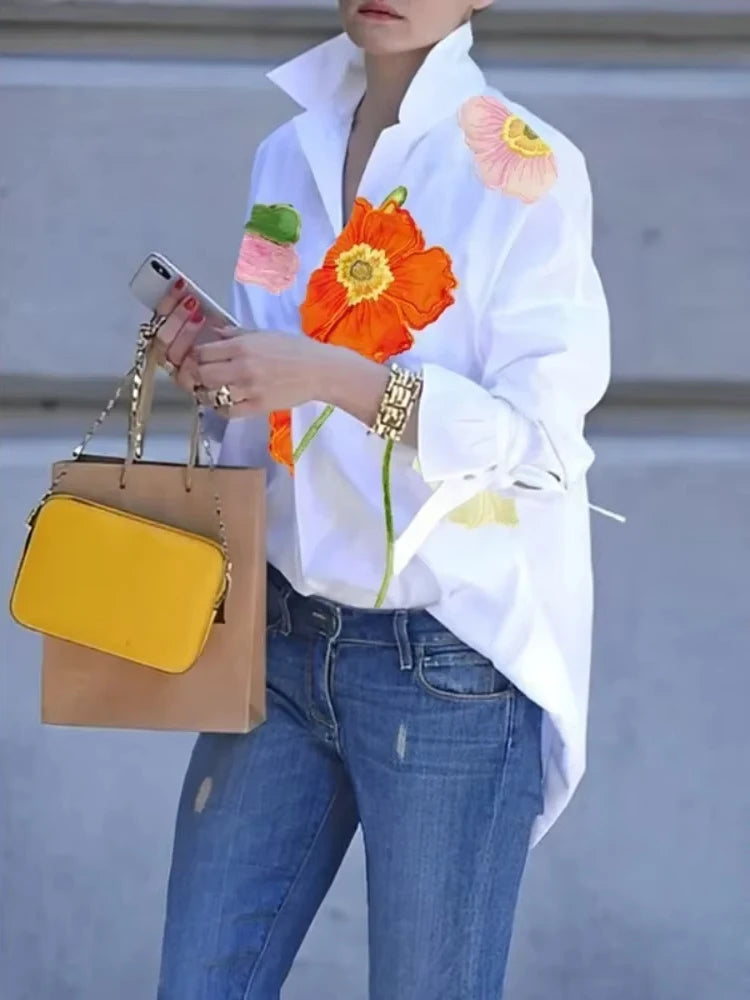 Yeezzi Female Stylish Floral Printed Lapel Shirts 2025 New Spring Long Sleeves Loose Urban Casual Office Blouse Tops For Women