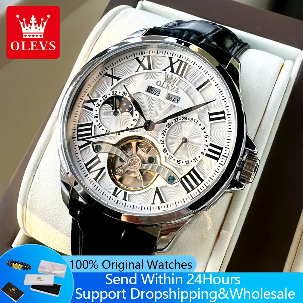 OLEVS 7013 Watch For Men Roman Scale Hollow Skeleton Waterproof Business Man Watches Moon Phase Automatic Mechanical Wristwatch