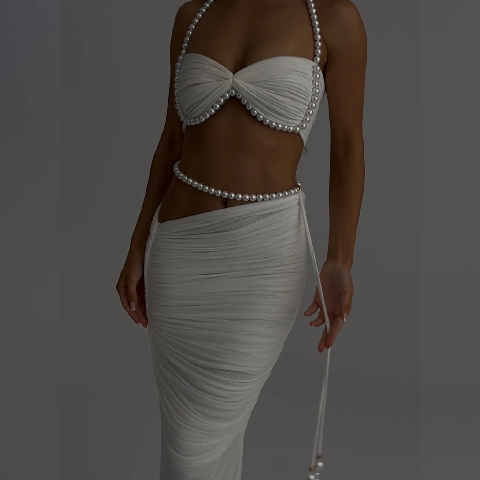 Pearl 3Pcs Bikini Set 2025 Bandeau Biquini Women Sexy Swimsuit Push Up Swimwear Female Mesh Skirt White Bathing Suit Beachwear