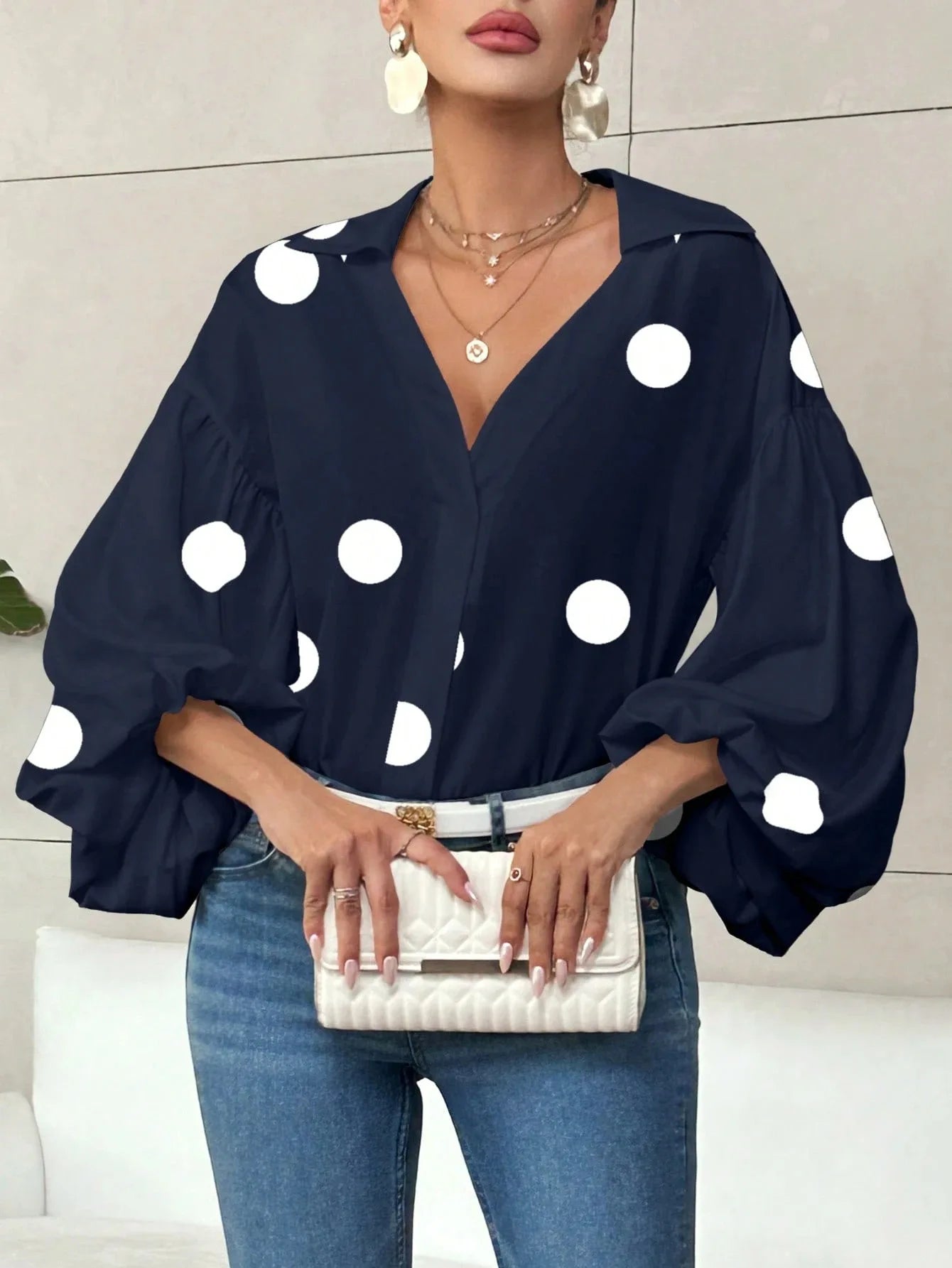 Boho Puff Sleeve Polka Dot Blouse — White | KIMLUD