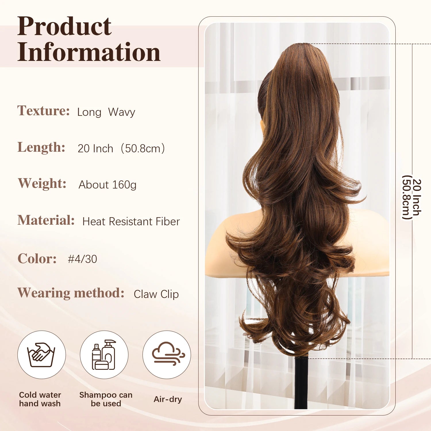 Synthetic Claw Ponytail Extensions 20inch Wavy Clip Claw Ponytail Hair for Women Ladies Daily Party Holiday