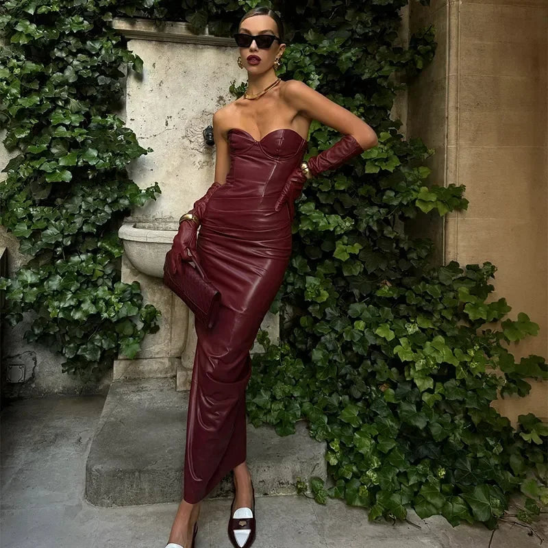 Vintage Leather Zipper Wrinkle Slim Bra Midi Dress Women Fashion Sleeveless Split High Waist Robes 2024 Lady Evening Party Wear - KIMLUD