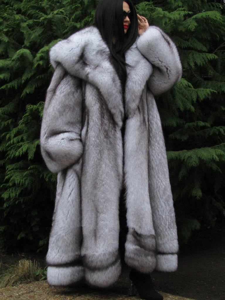 Faux Fox Fur Coat Long Hooded Thermal Full Pelt — Black | KIMLUD