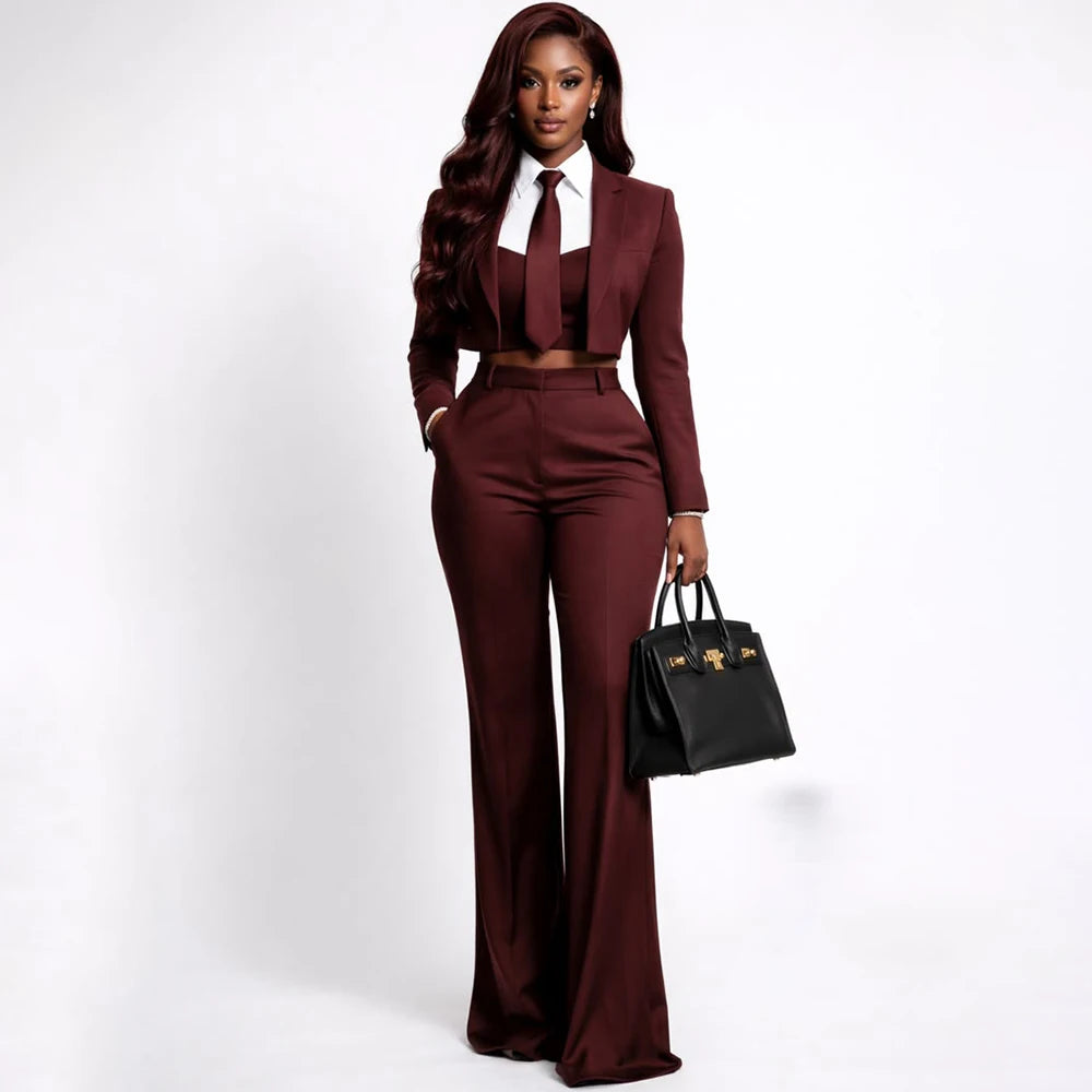Tailored Pants Cropped Jacket And Wide-Leg Set — Burgundy | KIMLUD