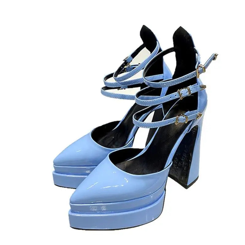 Pointed head shallow mouth fashion sexy increase thick heel patent leather rivet large party single shoe female