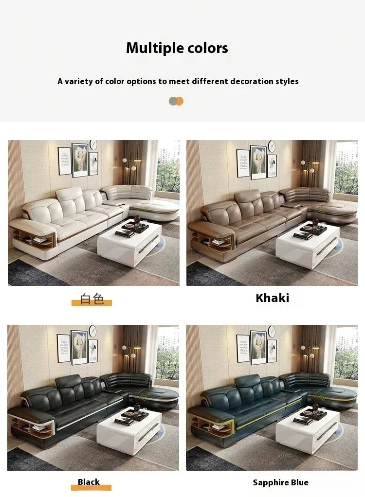 Genuine Leather Solid L-Shaped Sofa — Black | KIMLUD