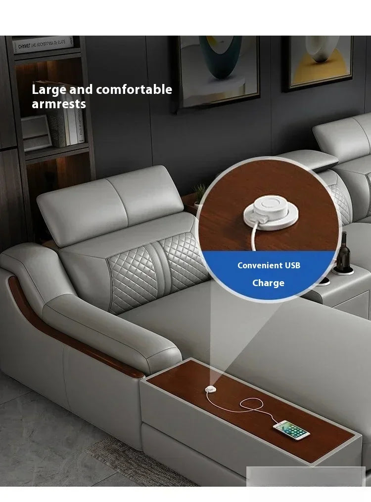 Genuine Italian Leather Sofa L-Shaped With Cup Holders USB Bluetooth — Light Gray | KIMLUD