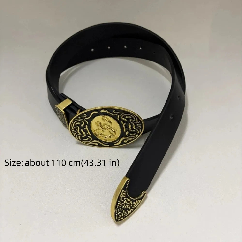 PU Leather Belt With Antique Gold Engraved Buckle — Black | KIMLUD