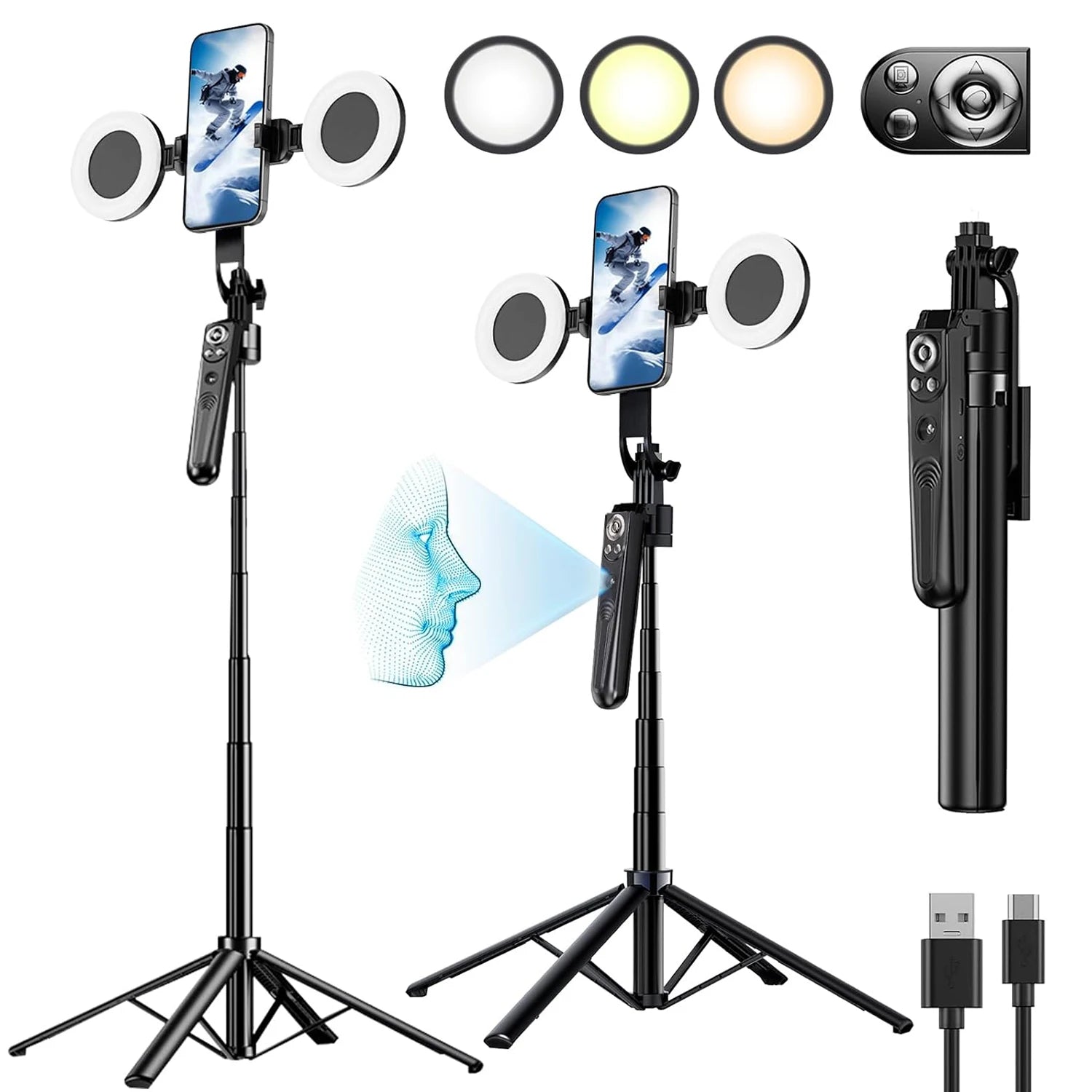 Extendable Auto Face Tracking Tripod 360° Rotation with Light 70.8" Motion Sensor Phone Tripod Stand For Vlog Live Stream