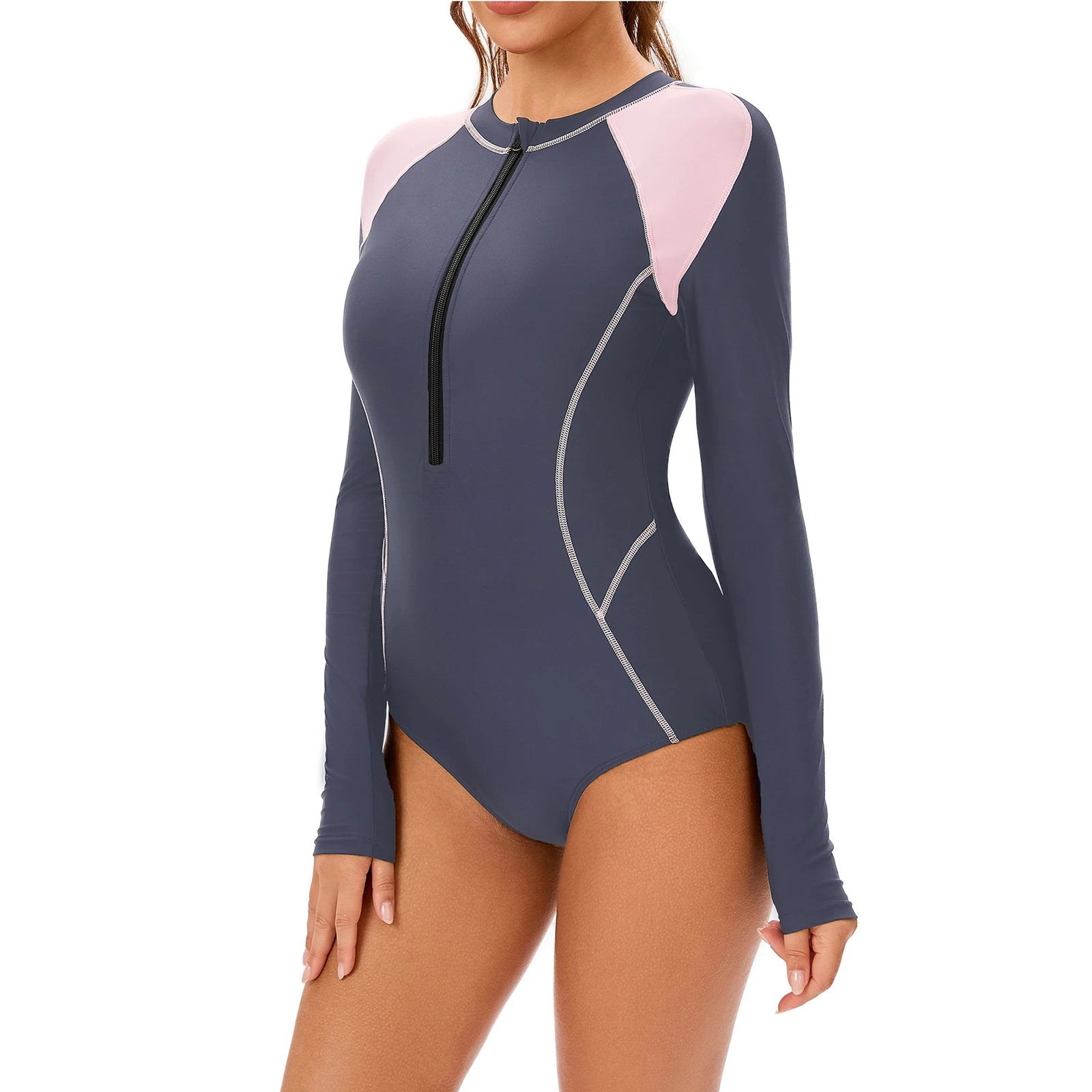 Neoprene One-Piece Swimsuit Front Zipper — Black And Pink Patchwork | KIMLUD