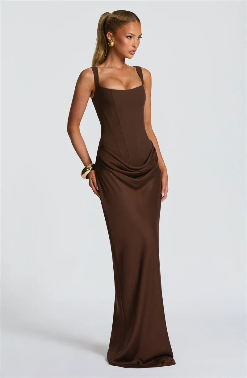 Backless Maxi Dress With Square Collar — Burgundy | KIMLUD