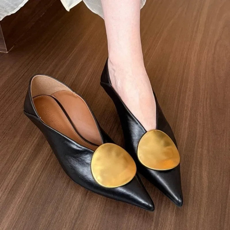 2025All-match Gold Pointed-toe Metal Buckle Single Shoes Women Wear Light-heeled Small Leather Shoes Twice in Summer