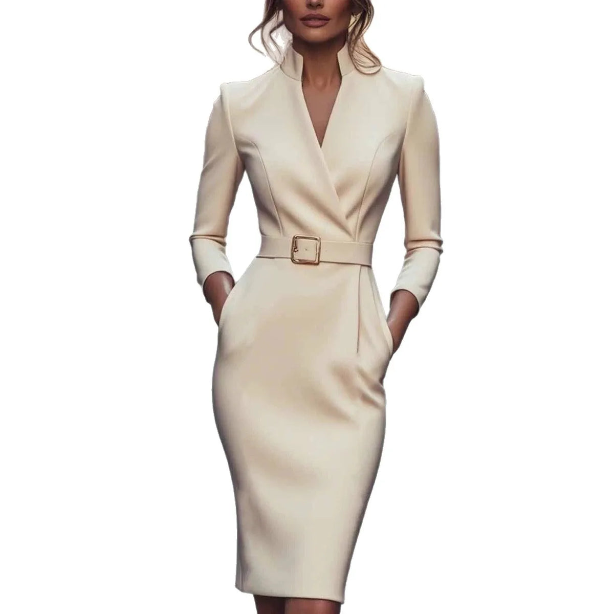 Puff Sleeve Knee Length Dress - Knit Silhouette - Polyester | KIMLUD