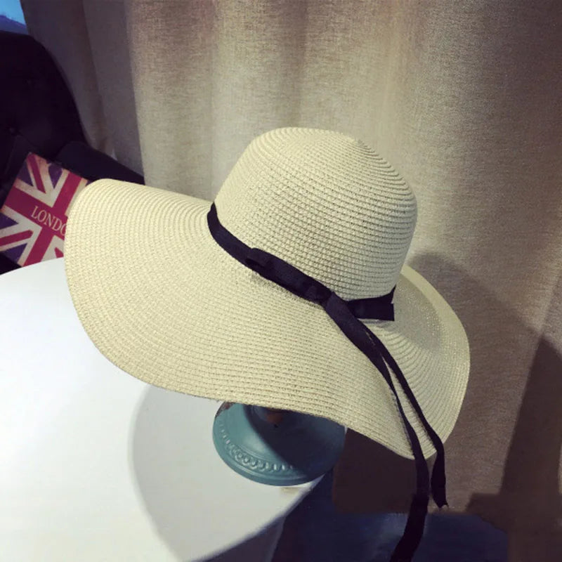 Straw Bow Hat Large Brim Sun Protective — Natural | KIMLUD